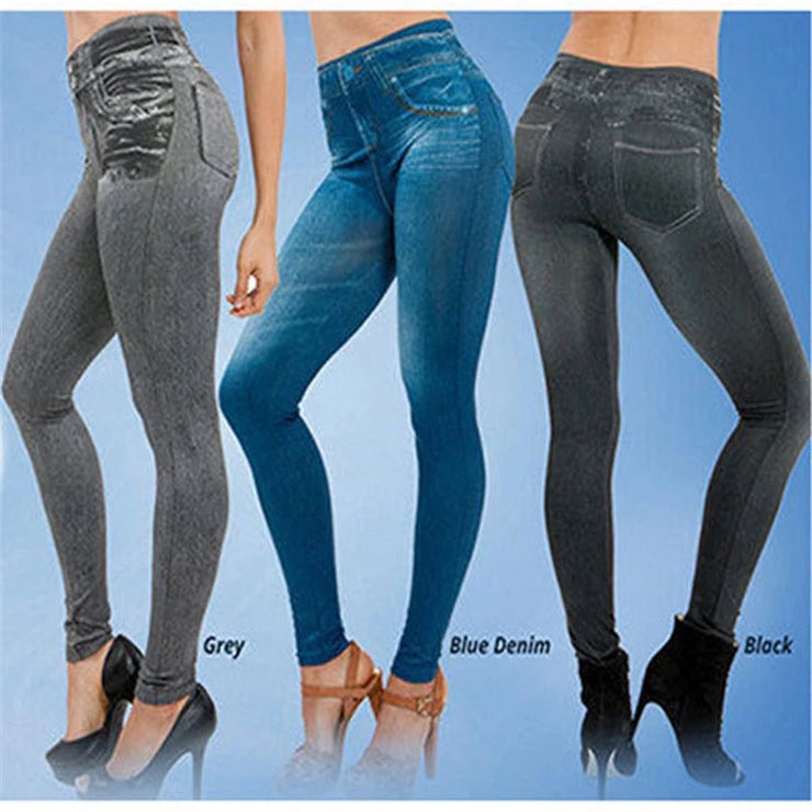 Astic Imitation Jeans Stretch High Waist Pants
